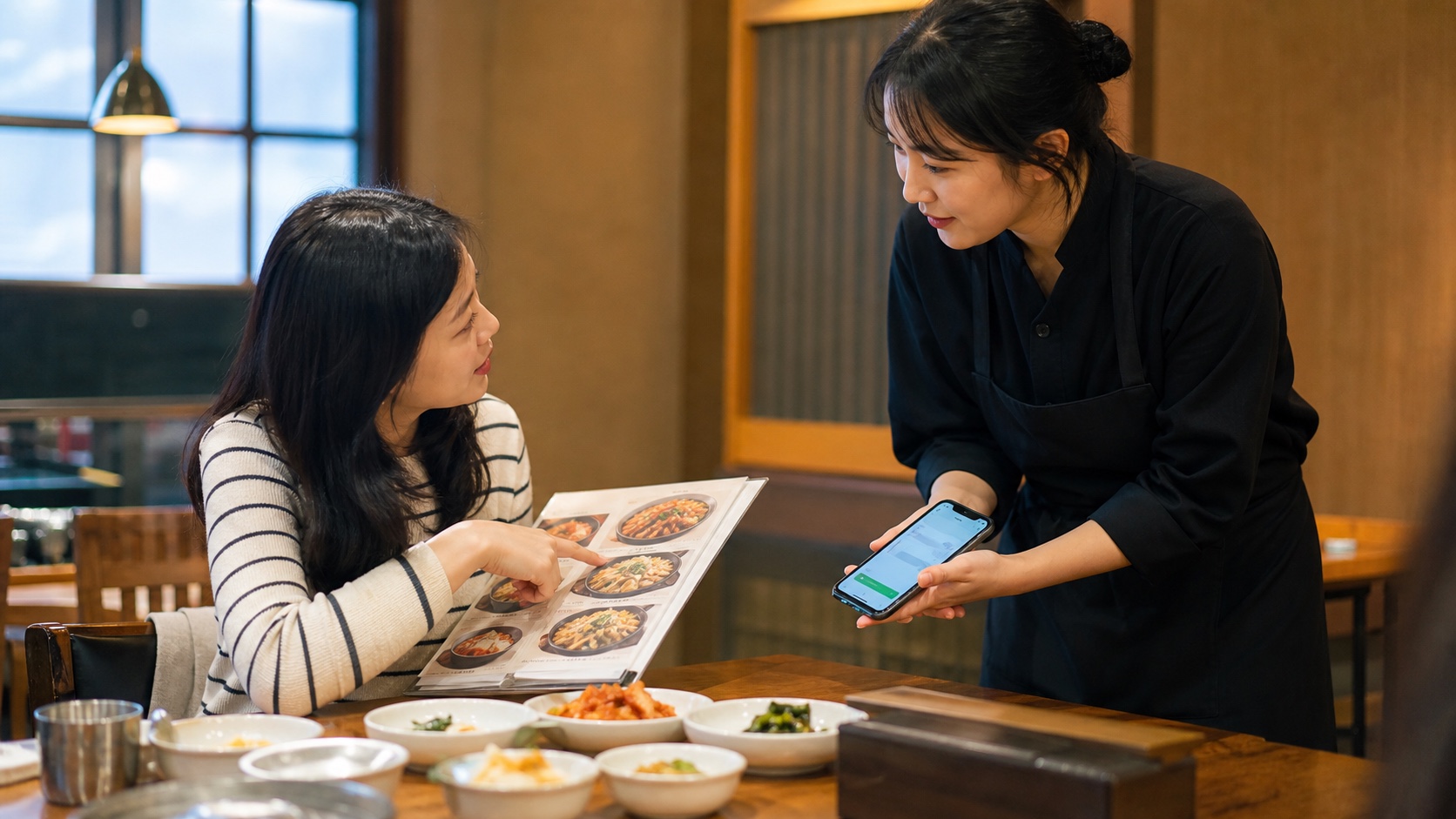 旅客在韓國餐廳用圖片菜單與手機翻譯向店員確認餐點
