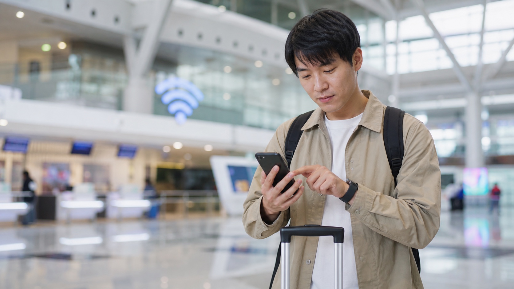 旅客在韓國機場內使用 Wi-Fi 檢查手機行動網路設定