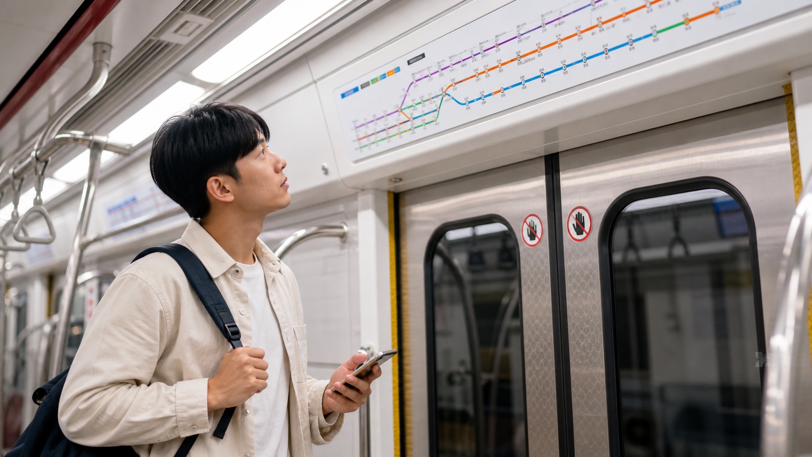 旅客在韓國地鐵車廂內查看路線圖，準備在下一站重新確認方向